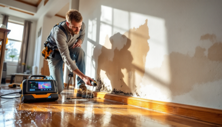 # Midjourney Prompt:A homeowner examining water damage on an interior wall, revealing a large damp stain spreading across the plaster surface. In the foreground, visible water droplets and moisture pooling on the wooden floor near the baseboard. The wall shows distinct discoloration and potential mold growth around the wet area. In the mid-ground, thermal imaging equipment or moisture detection tools rest on a nearby table. The background reveals a residential interior with partially visible f